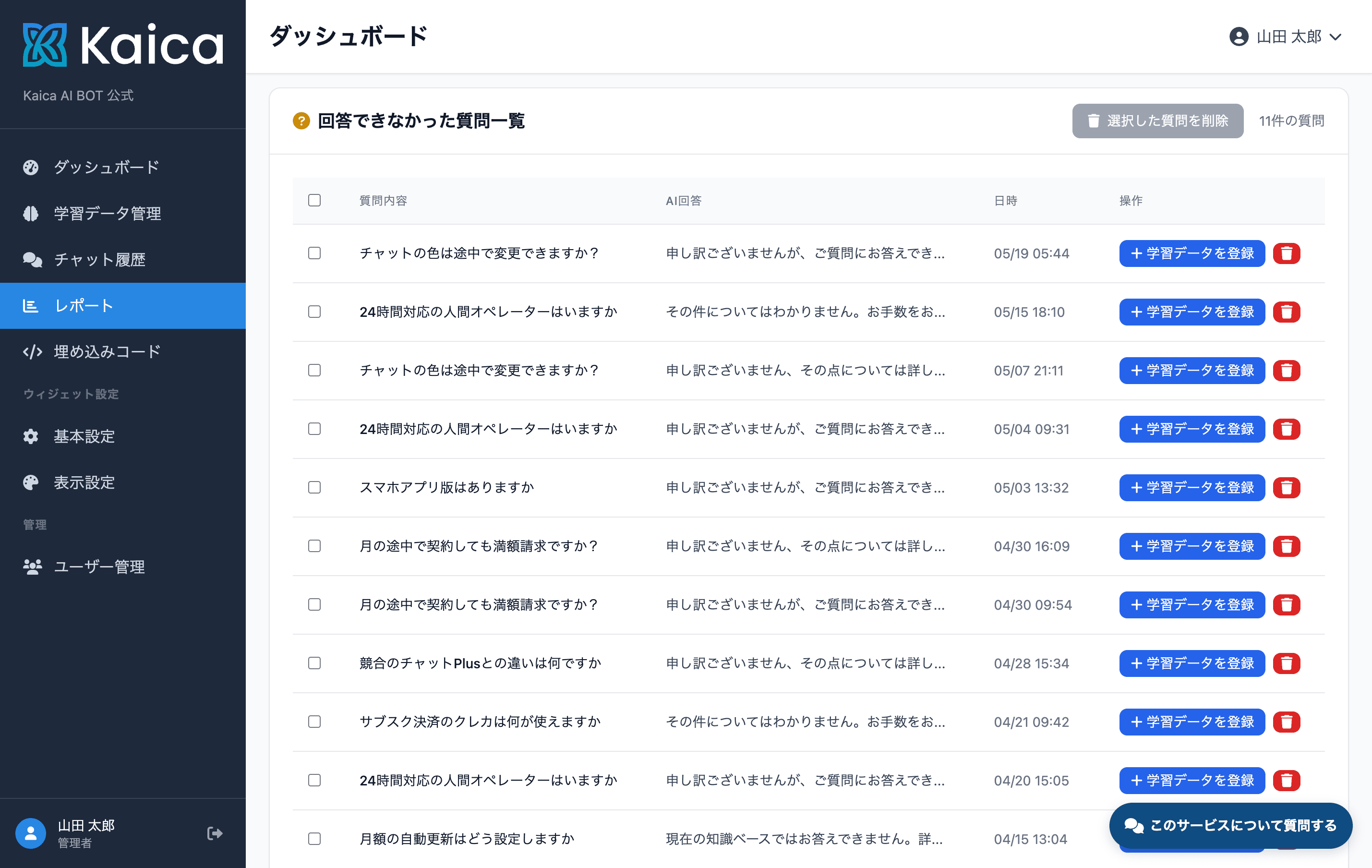 管理画面の未回答質問リスト。AIが答えられなかった質問が自動でリスト化される様子